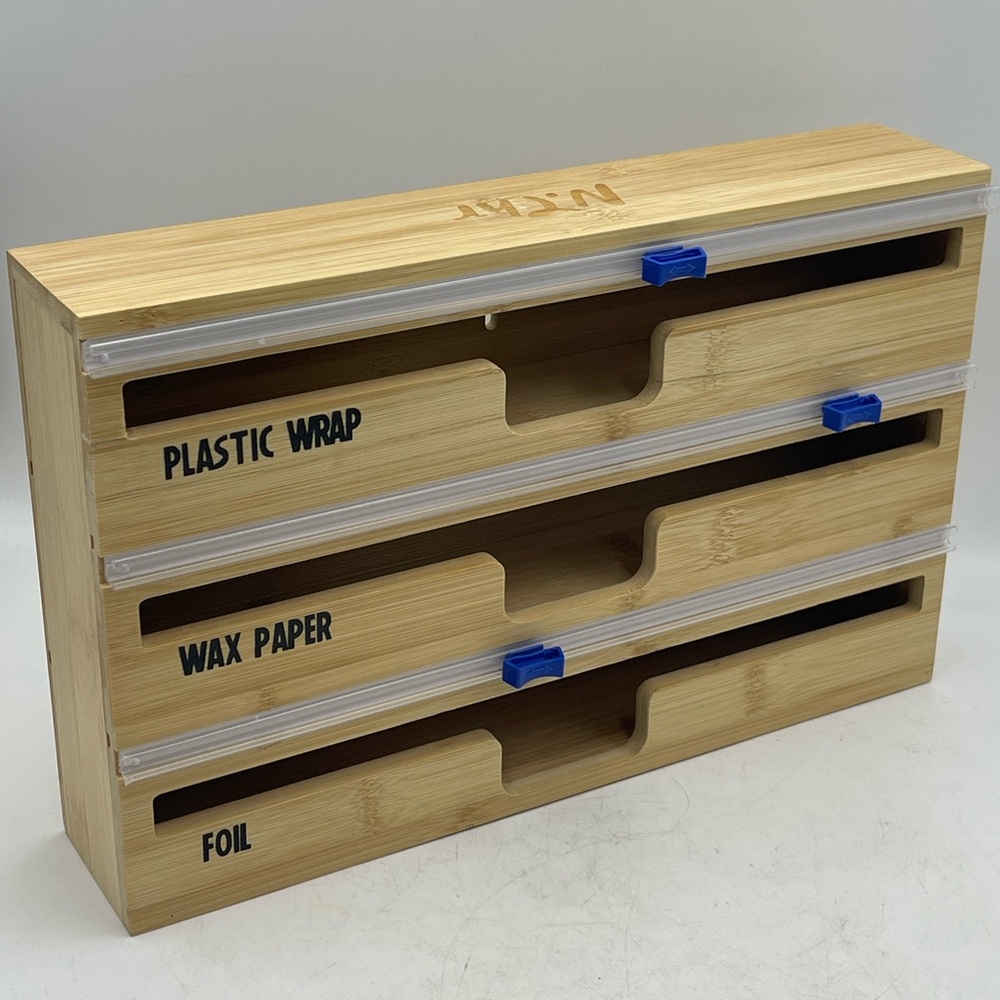 Bamboo Wood Kitchen Organizer Dispenser for Plastic Wrap, Wax Paper and Foil